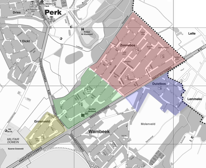 Overzichtskaart met de 4 wijken van BIN Bos: Groenveld, Veerlebos, Zonnebos en Duistbos.